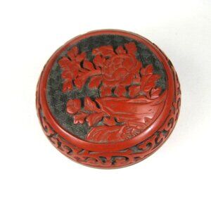 Vintage Chinese Carved Red Cinnabar Trinket Box Bowl Jar Black Floral Design